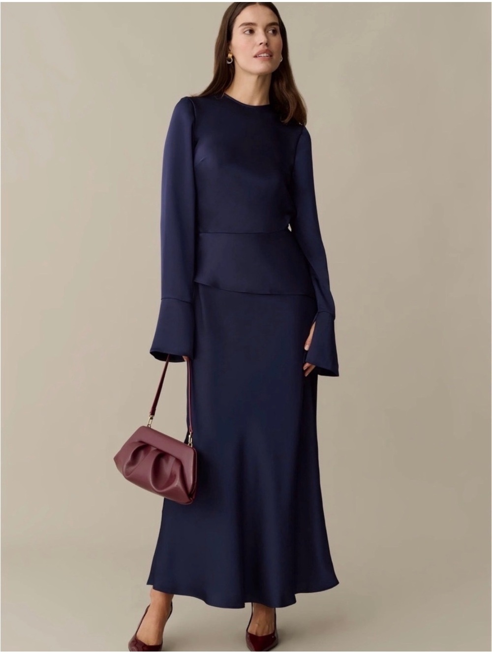 O.P.T by Few Moda Kaylee Long Sleeve Peplum Maxi Dress Size Medium Navy Blue